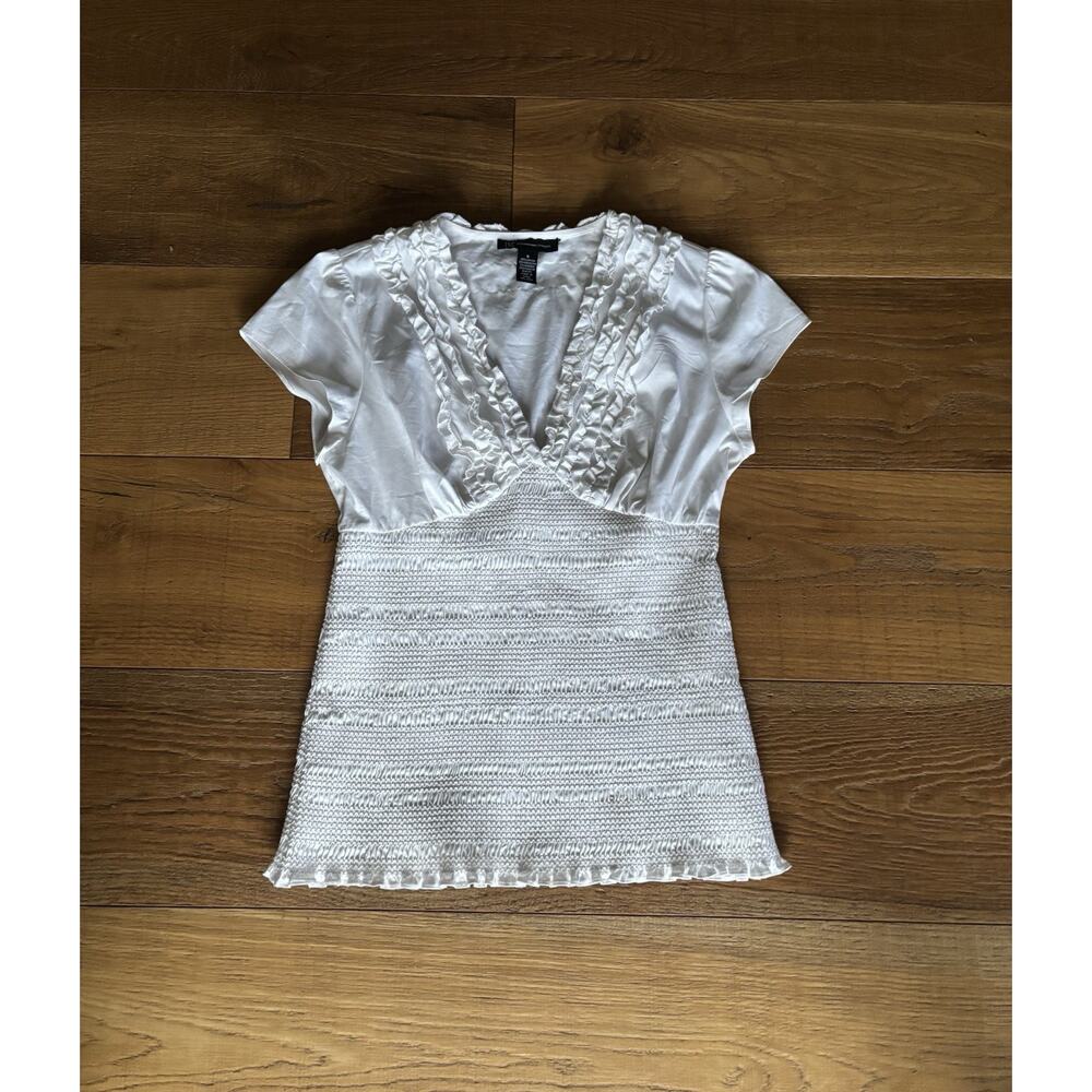 Women's White Smocked Ruffle V-Neck Blouse Top Cap Sleeve Peasant Babydoll Sz 6